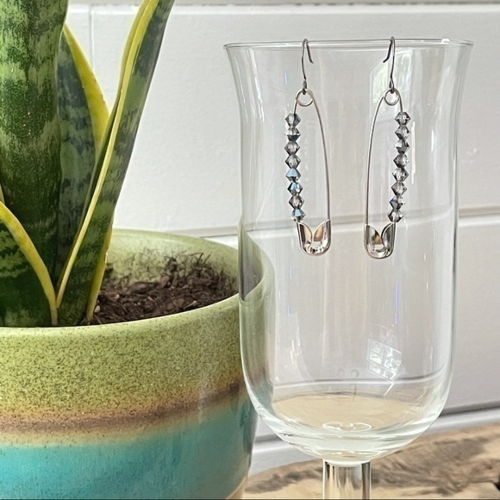 Handmade Grey Swarovski Crystal Safety Pin Earrings Industrial Upcycle Bling - Picture 5 of 5